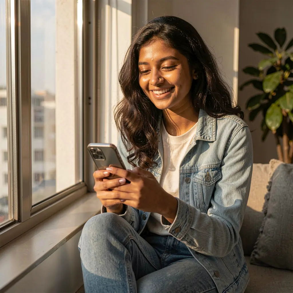 Bangladeshi woman sitting by a sunny window checking casino games on the 1KBD mobile app with a relaxed and happy expression