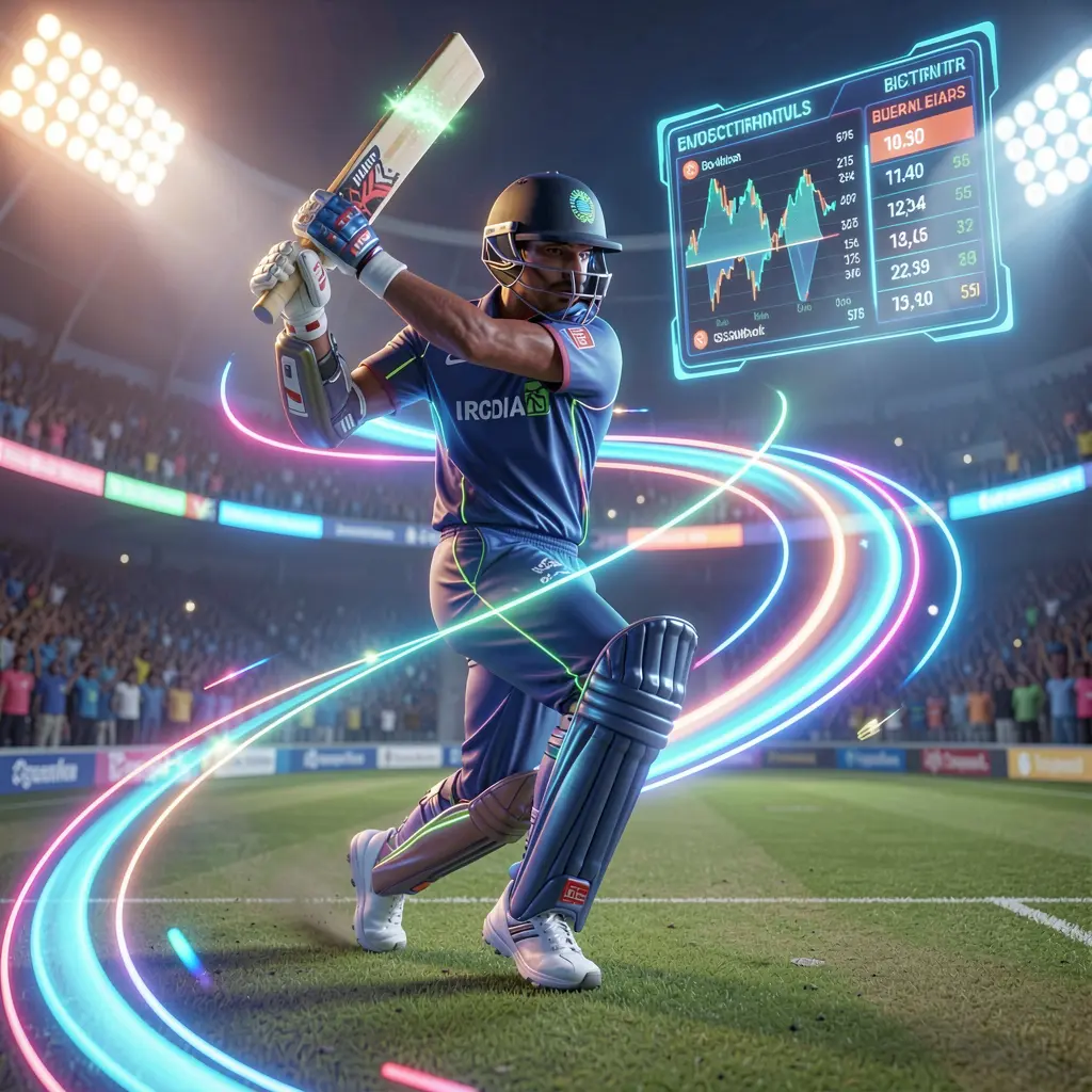 Futuristic cricket player with glowing neon effects and dynamic motion inside a digital stadium highlighting live betting on 1KBD in Bangladesh