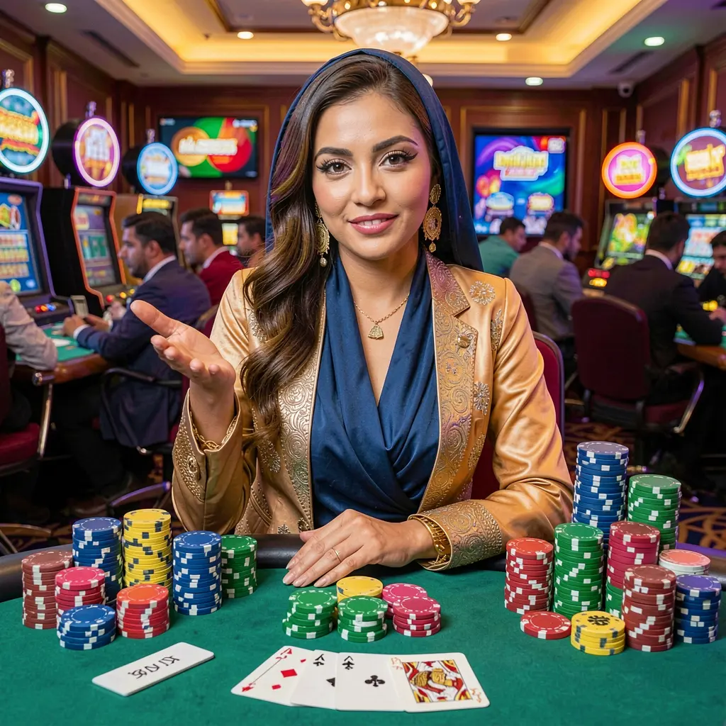 Elegant casino dealer standing beside a live gaming table with stacked chips and a glowing background symbolizing trust and excitement at 1KBD casino for Bangladesh