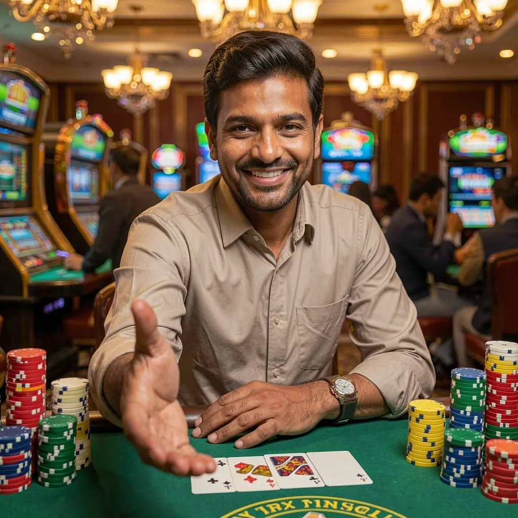 Friendly Bangladeshi casino dealer reaching out with a welcoming smile surrounded by glowing chips representing the 1KBD casino login experience